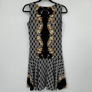 Eva Varro‎ Black Gold Scroll Geometric Sleeveless Sheath Dress Women's XS